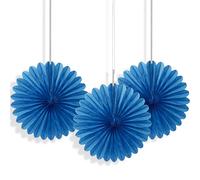 Unique- Sólido Paquete de 3 decoraciones abanicos pequeños de papel de seda, Color azul rey, 15 cm (63257)