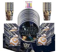 Unique Star Wars Classic Party Supplies Pack Serves 16: 9" Plates Luncheon Napkins Cups and Table Cover with LLILYKAI Birthday Candles (Bundle for 16)