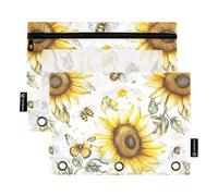 Unique Sunflower White - Estuche para lápices de 3 anillos con cremallera, paquete de 2 bolsas de maquillaje recicladas, suministros de papelería