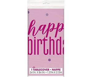 Unique Table Cover-54" x 84" | Pink and Silver | 1 Pc. Mantel de plástico Happy Birthday, 137 x 213 cm, rosa y plateado, 1 unidad, feliz cumpleaños, color, 1 count (pack of 1) (83603)