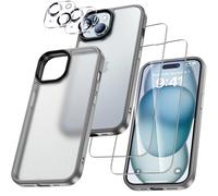 UniqueMe Para iPhone 15 Funda, 5-en-1 Set Case Para iPhone 15 Case Cover Protection,1 Funda & 2 Protector Pantalla & 2 Protector de Cámara - Gris Mate