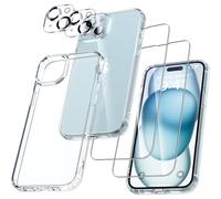 UniqueMe Para iPhone 15 Plus Funda, 5-en-1 Set Case Para iPhone 15 Plus Case Cover Protection,1 Funda & 2 Protector Pantalla & 2 Protector de Cámara - Transparente