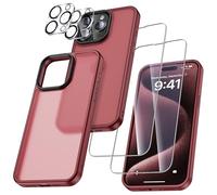 UniqueMe Para iPhone 15 Pro Funda, 5-en-1 Set Case Para iPhone 15 Pro Case Cover Protection,1 Funda & 2 Protector Pantalla & 2 Protector de Cámara - Rojo Mate