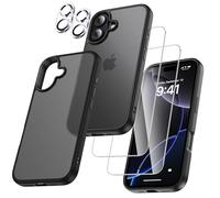 UniqueMe Para iPhone 16 Funda, 5-en-1 Set Case Para iPhone 16 Case Cover Protection,1 Funda & 2 Protector Pantalla & 2 Protector de Cámara - Negro Mate