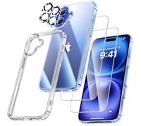 UniqueMe Para iPhone 16 Funda - Case Para iPhone 16 Case,5 en 1 Set Cover Protection,1 Funda & 2 Protector Pantalla & 2 Protector de Cámara - Transparente