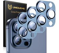 UniqueMe Protector Cámara para iPhone 15 Pro/15 Pro Max - 3 Unidades, Ultra HD Clara, Anti-Arañazos, Ultra Resistente, Cristal Vidrio Templado 9H - Todo Azul