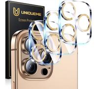 UniqueMe Protector Cámara para iPhone 16 Pro/16 Pro Max - 3 Unidades, Ultra HD Clara, Anti-Arañazos, Ultra Resistente, Cristal Vidrio Templado 9H - Dorado Brillante