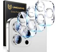 UniqueMe Protector Cámara para iPhone 16 Pro/16 Pro Max - 3 Unidades, Ultra HD Clara, Anti-Arañazos, Ultra Resistente, Cristal Vidrio Templado 9H - Plateado Brillante