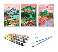 UNIQUORS Pintura por números Paisaje Adulto con Marco, 3 Piezas Pintura al óleo DIY sobre Lienzo Flores Árbol y Montaña Pintura Abstracta Colorida Kit con Pincel y Pigmento Acrílico, 20 x 30 cm