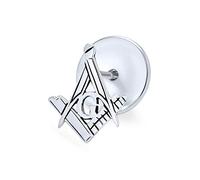 Unisex Compass Masonic Freemason Push Pin Pendant Stud Earrings For Women Oxidized .925 Sterling Silver