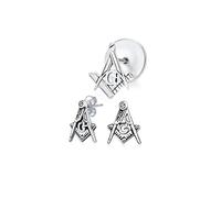 Unisex Compass Masonic Freemason Push Pin Pendant Stud Earrings For Women Oxidized .925 Sterling Silver