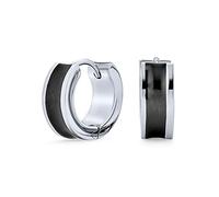 Unisex De Dos Tonos De Rayas De Esmalte Negro Cóncavo Huggie Pendientesde Aro Pequeño Para Hombres O Mujeres De Plata Tono De Acero Inoxidable .50 De Diámetro