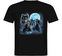 Unisex Men T Shirt Three Wolves Howling and Moon Wolf Black XL
