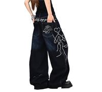 Unisex Y2K Hip Hop Street Jeans,Embroidered Wide-Leg Denim Pants,Casual Skater Loose Denim Pants Streetwear(Negro,M)