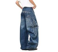 Unisex Y2K Hip Hop Street Jeans,Embroidered Wide-Leg Denim Pants,Casual Skater Loose Denim Pants Streetwear(Azul,M)