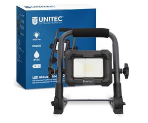 UNITEC Foco LED con batería, 10 W, 800 lúmenes, incluye fuente de alimentación, recargable, foco de construcción, 6500 K, negro, IP54, cristal de seguridad, batería de iones de litio, clase energética