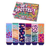 United Oddsocks Get Spotted - Caja de regalo para mujer, 6 calcetines con estampado de animales salvajes desiguales en colores llamativos, UK 4-8, US 6.5-10.5, EUR 37-42, juego de regalo rico en