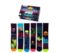 United Oddsocks Retro Wave - Juego de 6 calcetines sintetizados para hombre, talla 39-46, 7-12 de EE. UU., calcetines de neón estilo 80 con palmas y paisajes urbanos, algodón rico y transpirable