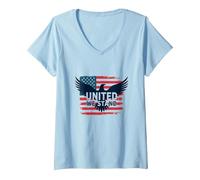 United We Stand Bandera Americana Águila Emblema Patriótico Camiseta Cuello V, Mujer, Azul Bebé, L