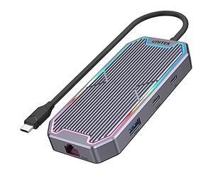 UnITEK Human friendly D1029A - Hub USB-C 7 en 1 UHUB S7+ Datos de 10 Gbps, HDMI y PD de 100 W, HDMI 2.0, USB 3.2 Gen 2, Active /2 Puertos USB-A / 2 Puertos USB-C/Mini Jack de 3,5 mm/RGB LED Lights