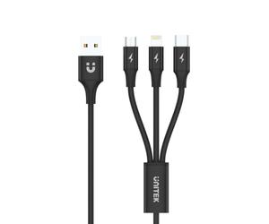 Unitek Premium Multi 3 en 1 USB Cable de carga universal múltiple Micro USB/Tipo C/Lightning 3A 1.2M para iPhone/Android Smartphone - Negro