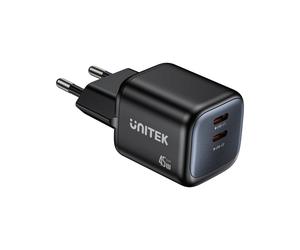 Unitek wall charger 2x gan 45w, 2xusb-c pd 3.0, qc