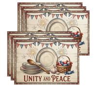 Unity and Peace - Manteles individuales rústicos vintage americanos para mesa de comedor, 4 de julio, antideslizantes, lavables, para interiores y exteriores, cocina, fiesta, juego de 6