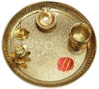 Universal Hub - Juego de 5 Thali para Pooja (Bandeja Redonda Decorativa artículos para Puja Plato Aarti para templos y Bodas decoración del hogar Bandeja de latón para Mandir decoración de Thali para