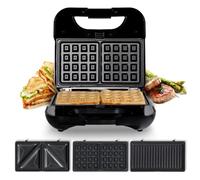 UNIVERSALBLUE Sandwichera, Gofrera y Grill 3 en 1 Placas Intercambiables - Plancha Eléctrica 700W - Placas Antiadherentes Aptas Lavavajillas, Sistema de Seguridad, Acero Inox, Apertura 90º