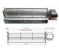UNIVERSALE Ventilador tangencial para estufas de pellets TGA 60/1-300/30, montaje en pared, negro esmaltado, mando a distancia, 43 W, 180 m³/h, 380 x 304 x 40 mm