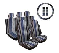 Universales Juego Completo De Fundas De Asiento De Coche A Rayas con Almohadillas para Cinturón De Seguridad Y Funda para Volante Funda Asiento(Blue)
