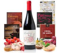 UNIVERSO GOURMET | Cesta Gourmet para Regalar | Vino Tinto Tempranillo 75cl + Patés y Cremas Ibéricas 70gr | Regaña Artesanal | Delicatessen Española para Degustar o Sorprender | Cesta Regalo