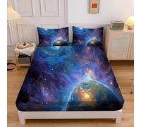 Universo Púrpura Sábana Bajera Ajustable 150x200x30 cm, Espacio De Ensueño Protector De Colchón, Sábanas Elástico Microfibra Suave Sábanas Ajustables Profundo 30cm, Azul