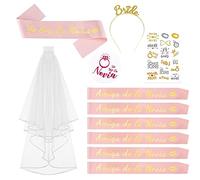 UNIVERTEN Despedida de Soltera Accesorios Español, 11PCS Novia to Be y Team Bride Banda Set con, Velo Novia Despedida, Tiara, Insignia, Tatuajes, Accesorios Despedida Soltera (oro rosa)