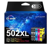 Uniwork 502XL 5-Pack compatibles para Epson 502 XL Cartuchos para Workforce WF-2860 WF-2865 WF-2860DWF WF-2880 para Expression Home XP-5100 XP-5105 Impresoras (2 Negro, 1 Cian, 1 Magenta, 1 Amarillo)