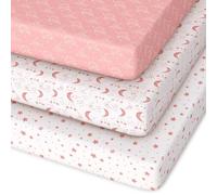 Unnivoll Sábanas Bajeras para Cuna de Viaje 95 x 65 cm, Super Suave y Transpirable, Juego de 3, Blanco Rosa Luna