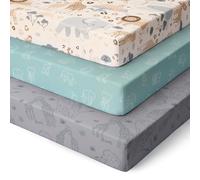 Unnivoll Sábanas bajeras para cuna de viaje, 95 x 65 cm, supersuaves y transpirables, paquete de 3 unidades, color albaricoque, verde, gris y elefante