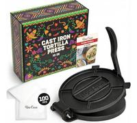 Uno Casa Prensa para Tortillas de Hierro Fundido 25,5 cm - Prensa Manual para Tortillas Mexicanas - Con 100 Láminas de Papel Encerado - Utensilio de Cocina para Tortillas de Maíz, Roti, Tawa o Dosa
