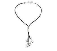 UNO de 50 Collar de cuero largo de latigo con 2 túbulos y 4 flecos con gotas bañado en plata de ley