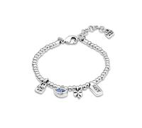 UNOde50 | Pulsera Bañada en Plata de Ley | 4 Charm, Candado, Trebol, Cristal Azul Facetado, Chapa de la Suerte | Joya Artesanal | Hecho a mano en España