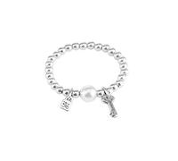 UNO de 50 Pulsera Elástica De Goma Ajustable Con Baño De Plata De 15 Micras Con Una Perla Grande En El Centro De La Pulsera Acompañada Por Un Charm De Llave Al Lado