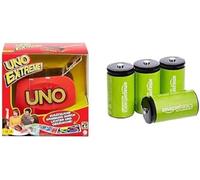 UNO Extreme Card Game Featuring Random-Action Launcher with Lights & Adult Game Night Gift Ages 7 Years & Older, GXY75 & Amazon Basics - Pilas C recargables de 1.2 V, 5000 mAh Ni-MH (paquete de 4)