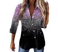 UnoSheng Blusas de satén para mujer, color rojo, de manga larga, con purpurina fina e impresión 3D en tallas grandes, elegante, blusa sexy para mujer, morado, S