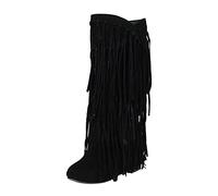 UnoSheng Botas de invierno con forro de piel de cordero con tacón grueso y flecos de talla grande para mujer, refuerzo interior, botas de longitud media, zapatos pequeños, tacón de mujer, Negro , 40