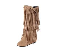 UnoSheng Botas de invierno con forro de piel de cordero con tacón grueso y flecos de talla grande para mujer, refuerzo interior, botas de longitud media, zapatos pequeños, tacón de mujer, beige, 38