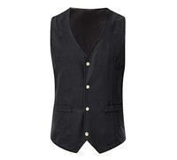 UnoSheng Chaleco de traje negro para hombre con cuello en V con botones, chaleco de trabajo para hombre, ajuste ajustado, chaleco sin mangas con bolsillo en el pecho, chaleco de ocio, moda informal,