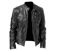 UnoSheng Chaqueta de cuero para hombre con cuello alto, gabardina vintage monocromática con bolsillos con cremallera, chaqueta de invierno gótica steampunk, cálida e informal, Negro , L