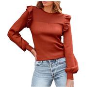 UnoSheng Inusual túnica para mujer con volantes en el hombro y mangas largas, cuello redondo, corte ajustado, otoño 2023, tops de punto acanalado, blusa con mangas abullonadas, naranja, XL