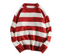 UnoSheng Jersey de invierno a rayas para hombre: manga larga, cuello redondo - cálido, suave e informal, rojo, M