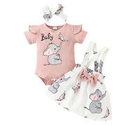 UnoSheng Ropa de niña 98 verano bebé niña manga corta acanalado dibujos animados estampados mameluco bodi faldas diademas trajes conjunto bebé traje, Rosa., 9-12 Meses